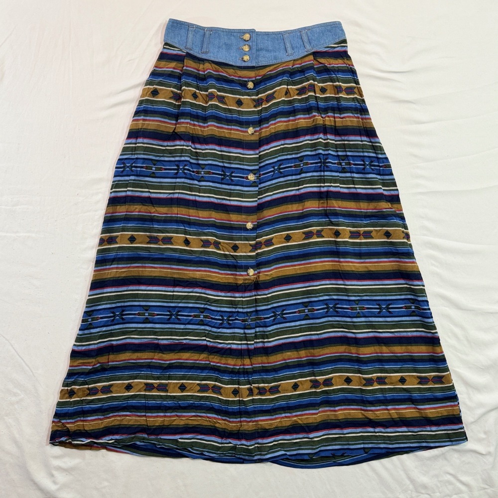 Vintage Southwestern Stripe Maxi Skirt High Waisted Denim Yoke Button Front Blue - Picture 2 of 7